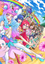 Rule 34 | 6+boys, 6+girls, :d, aozora middle school uniform, arm up, beach, blonde hair, blue eyes, blue hair, blue sky, blurry, blurry background, bob cut, brown eyes, brown hair, butler (precure), character request, clenched hands, closed mouth, cloud, cloudy sky, collared shirt, commentary, cure flamingo, cure la mer, cure oasis, cure summer, day, depth of field, detached sleeves, dress, earrings, feather earrings, feathers, glasses, green dress, green hair, green sailor collar, green skirt, grin, hair between eyes, hair intakes, hair ornament, hands on another&#039;s shoulders, highres, holding, itou shin&#039;ichi, jewelry, kururun (precure), laura la mer, leaning forward, locked arms, long hair, looking at another, looking at viewer, magical girl, midriff, miniskirt, multicolored eyes, multicolored hair, multiple boys, multiple girls, nail polish, natsuumi manatsu, navel, open mouth, outdoors, pantyhose, pearl hair ornament, pink eyes, pink hair, pink shirt, pleated skirt, pointing, pointing up, precure, purple eyes, rainbow, raised fist, red eyes, red sailor collar, red skirt, rimless eyewear, sailor collar, sakuragawa saki, school uniform, sharon (precure), shiratori yuriko, shirt, short hair, short sleeves, skirt, sky, sleeveless, sleeveless dress, sleeveless shirt, smile, squatting, standing, standing on one leg, star (symbol), star hair ornament, streaked hair, takizawa asuka, textless version, the witch of delays, tropical-rouge! precure, very long hair, white pantyhose