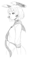 Rule 34 | 10s, 1girl, alternate hair length, alternate hairstyle, bad id, bad tumblr id, blunt bangs, dress, greyscale, hair ribbon, kantai collection, monochrome, murakumo (kancolle), nathaniel pennel, necktie, profile, ribbon, sailor dress, short hair, simple background, sketch, solo, white background