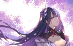 Rule 34 | 1girl, breasts, cherry blossoms, falling petals, from side, genshin impact, hair ornament, hairclip, highres, japanese clothes, kimono, long hair, looking at viewer, open mouth, petals, purple eyes, purple hair, raiden shogun, ribbon, solo, upper body, xion32
