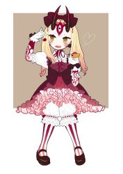 Rule 34 | alternate costume, blonde hair, cake, candy, center frills, cherry, eating, fate/grand order, fate (series), food, frills, fruit, full body, gothic lolita, heart, highres, horns, ibaraki douji (fate), lolita fashion, long hair, monster girl, oni, pantyhose, pastry, ribbon, sitting, solo, striped clothes, striped pantyhose, tart (food), tattoo, vertical-striped clothes, vertical-striped pantyhose