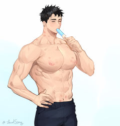 Rule 34 | 1boy, abs, bara, black hair, black pants, eating, closed eyes, food, hand on own hip, holding, holding food, large pectorals, male focus, muscular, muscular male, navel, nipples, original, pants, pectorals, popsicle, short hair, solo, ssong-ga, sweat, topless male, twitter username