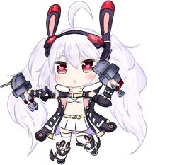 Rule 34 | 1girl, :&lt;, ahoge, alternate costume, animal ears, azur lane, bailingxiao jiu, black footwear, black hairband, black jacket, blush, boots, cannon, chibi, collarbone, detached sleeves, full body, hair between eyes, hairband, heart, heart-shaped pupils, holding, jacket, laffey (azur lane), laffey (retrofit) (azur lane), long hair, long sleeves, looking at viewer, navel, open clothes, open jacket, parted lips, pleated skirt, puffy long sleeves, puffy sleeves, rabbit ears, red eyes, silver hair, simple background, skirt, sleeveless, sleeveless jacket, solo, standing, standing on one leg, symbol-shaped pupils, thighhighs, thighhighs under boots, turret, very long hair, white background, white skirt, white thighhighs