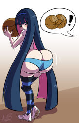 Rule 34 | 10s, 1girl, ass, axel-rosered, basketball, blue eyes, blush, butt crack, female focus, highres, huge ass, looking back, panty &amp; stocking with garterbelt, pink hair, purple hair, shirt, shoes, stocking (psg), striped legwear, thick thighs, thighs