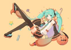 Rule 34 | 1girl, aqua eyes, aqua hair, candy, candy cane, chyanu, detached sleeves, earrings, food, gradient hair, halloween, hatsune miku, jack-o&#039;-lantern, jewelry, long hair, looking at viewer, multicolored hair, mushroom, necktie, open mouth, orange background, orange hair, sitting, solo, star (symbol), striped clothes, striped thighhighs, thighhighs, twintails, vertical-striped clothes, vertical-striped thighhighs, very long hair, vocaloid