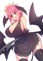 Rule 34 | 1girl, :3, apron, arms behind back, bare shoulders, black apron, black gloves, blonde hair, breasts, cleavage, commentary request, demon girl, demon wings, fangs, gloves, highres, huge breasts, kyuuketsu sakura-chan, multicolored hair, pink eyes, pink hair, sakura (kyuuketsu sakura-chan), sideboob, simple background, smile, solo, standing, white background, wings, zyugoya
