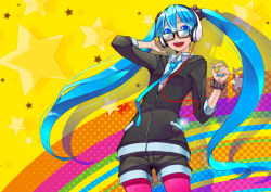 Rule 34 | 00s, 1girl, aqua eyes, aqua hair, bespectacled, digital media player, glasses, hatsune miku, headphones, pantyhose under shorts, long hair, nail polish, necktie, open mouth, pantyhose, pink pantyhose, shiro (nitto), shorts, solo, standing, star (symbol), twintails, very long hair, vocaloid