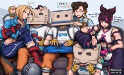 Rule 34 | 3boys, 3girls, ankle cuffs, ball and chain restraint, blonde hair, box on head, brown hair, cammy white, capcom, chain, chun-li, controller, couch, cropped jacket, double bun, english text, game controller, gameplay mechanics, hair bun, hair horns, hair ribbon, han juri, hershuar, holding, holding marker, marker, multicolored hair, multiple boys, multiple girls, player character (street fighter 6), playstation controller, ribbon, sitting, sitting on lap, sitting on person, streaked hair, street fighter, street fighter 6, whiskers