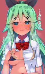 Rule 34 | 1girl, :q, aqua hair, atsutoku, bikini, black bikini, blue eyes, blush, bow, bowtie, breasts, hair between eyes, hair ornament, hairclip, heart, heart-shaped pupils, highres, kantai collection, long hair, looking at viewer, navel, open clothes, pink background, school uniform, simple background, smile, solo, swimsuit, symbol-shaped pupils, tongue, tongue out, translation request, yamakaze (kancolle)