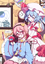 Rule 34 | 2girls, :d, ^ ^, artist request, ascot, bat wings, bespectacled, black hairband, blue hair, blue shirt, blush, book, chair, clock, closed eyes, fang, feet out of frame, floral print, flower, frilled shirt collar, frilled sleeves, frills, glasses, hair between eyes, hair ornament, hairband, hand up, hands on another&#039;s shoulders, hat, hat ribbon, head tilt, heart, heart hair ornament, highres, holding, holding book, holding pen, indoors, kaenbyou rin, kaenbyou rin (cat), komeiji satori, long sleeves, looking at viewer, mob cap, multiple girls, nail polish, open mouth, pen, picture frame, pink eyes, pink hair, pink skirt, pot, puffy short sleeves, puffy sleeves, red-framed eyewear, red ascot, red flower, red nails, red ribbon, red rose, red sash, reiuji utsuho, reiuji utsuho (bird), remilia scarlet, ribbon, ribbon-trimmed collar, ribbon trim, roman numeral, rose, sash, shirt, short hair, short sleeves, sitting, skirt, smile, touhou, white headwear, wide sleeves, window, wings