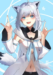 Rule 34 | absurdres, ahoge, animal ears, blue neckerchief, breasts, cleavage, detached sleeves, fang, fox ears, fox shadow puppet, fox tail, highres, hololive, jun (30409972), long hair, long sleeves, looking at viewer, navel, neckerchief, open clothes, open mouth, shirakami fubuki, shirakami fubuki (1st costume), smile, solo, tail, virtual youtuber, white hair
