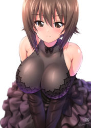 Rule 34 | 1girl, breasts, brown eyes, brown hair, dress, girls und panzer, highres, kamogawa tanuki, large breasts, looking at viewer, nishizumi maho, short hair, signature, simple background, twitter username, white background