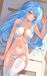 Rule 34 | 1girl, absurdres, ahoge, beach chair, bikini, bikini pull, blue hair, blush, breasts, clothes pull, elf, heart, heart ahoge, highres, hololive, large breasts, long hair, looking at viewer, lying, navel, on back, oniku (o29sukizero), parted lips, pointy ears, smile, solo, stomach, swimsuit, thighhighs, virtual youtuber, white bikini, white thighhighs, yellow eyes, yukihana lamy