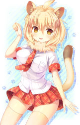Rule 34 | 10s, 1girl, animal ears, beige legwear, blonde hair, blush, breasts, brown thighhighs, highres, kemono friends, large breasts, lion (kemono friends), lion ears, lion tail, looking at viewer, necktie, parted lips, red necktie, red skirt, short hair, skirt, smile, solo, tail, thighhighs, umitonakai, yellow eyes