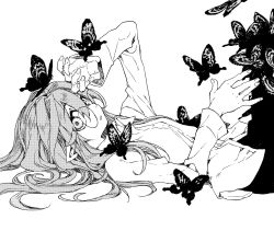 Rule 34 | 1girl, absurdres, bug, butterfly, commentary request, greyscale, highres, hitsugi katsugi no kuro, insect, kiyuzuki satoko, kuro (hitsugi katsugi no kuro), long hair, long sleeves, looking at viewer, lying, monochrome, official art, on back, pointy ears, round eyewear, shirt, solo, stitches, white background