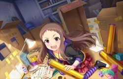 Rule 34 | 1girl, box, brown hair, cardboard, cardboard box, forehead, game cg, hood, hoodie, idolmaster, idolmaster cinderella girls, idolmaster cinderella girls starlight stage, jack-in-the-box, koseki reina, official art, open mouth, purple eyes, skirt, solo, striped clothes, striped thighhighs, tape, thighhighs, wristband