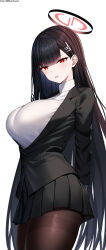 Rule 34 | 1girl, absurdres, black hair, black jacket, black skirt, blazer, blue archive, breasts, brown pantyhose, halo, highres, huanyi huanhuanzi, jacket, large breasts, long hair, pantyhose, parted lips, pleated skirt, red eyes, red halo, rio (blue archive), skirt, solo, sweater, very long hair, white sweater