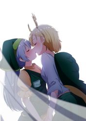 Rule 34 | 2girls, antlers, apron, bad id, bad twitter id, blonde hair, blouse, blue hair, blue shirt, blush, breasts, closed eyes, dragon horns, dragon tail, dutch angle, facing another, french kiss, from side, green apron, green headwear, green skirt, hair scarf, haniyasushin keiki, highres, holding hands, horns, kicchou yachie, kiss, long hair, multiple girls, profile, puffy short sleeves, puffy sleeves, see-through, shirt, short hair, short sleeves, sidelocks, simple background, skirt, sleeves past elbows, small breasts, tail, tongue, touhou, turtle shell, white background, yellow shirt, yukome, yuri