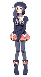 Rule 34 | 1girl, bad id, bad pixiv id, beret, black dress, black footwear, black hat, black pantyhose, boots, breasts, claydol, closed mouth, creatures (company), dress, full body, game freak, gen 3 pokemon, hat, kz 609, long hair, long sleeves, looking at viewer, medium breasts, nintendo, own hands together, pantyhose, parted bangs, personification, pokemon, pokemon rse, puffy long sleeves, puffy sleeves, red eyes, short dress, short eyebrows, simple background, smile, solo, standing, tareme, thick eyebrows, turtleneck, v arms, white background