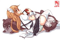 Rule 34 | 1girl, alternate costume, artist logo, ass, black skirt, bokukawauso, brown eyes, brown hair, commentary request, dated, dress shirt, enmaided, feet out of frame, frilled skirt, frills, from behind, kanon (kurogane knights), kantai collection, long hair, looking at viewer, maid, maid headdress, mochizuki (kancolle), nintendo switch, panties, puffy short sleeves, puffy sleeves, red-framed eyewear, shirt, short sleeves, simple background, skirt, solo, striped clothes, striped panties, stuffed animal, stuffed otter, stuffed toy, thighhighs, underwear, white background, white shirt, white thighhighs