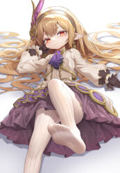 Rule 34 | 1girl, absurdres, ascot, black gloves, blush, brown hair, brown hairband, dress, earrings, feet, foot focus, fujiko sugi, gloves, granblue fantasy, granblue fantasy: relink, hair ornament, hairband, harvin, highres, jewelry, long hair, looking at viewer, maglielle (granblue fantasy: relink), no shoes, pantyhose, petite, pointy ears, princess dress, purple ascot, red eyes, simple background, smile, socks, soles, solo, striped clothes, striped socks, thighs, toes, very long hair, white dress, white pantyhose, white socks