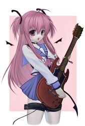 1girl ahoge angel_beats! bat_wings black_choker blouse blue_sailor_collar blue_skirt blush_stickers choker cross_hair_ornament demon_tail detached_wings electric_guitar fake_tail guitar hair_between_eyes hair_ornament highres holding holding_guitar holding_instrument instrument long_hair long_sleeves neckerchief nemu_(zutto_oyasu3) open_mouth pink_eyes pink_hair pink_neckerchief pleated_skirt sailor_collar school_uniform serafuku shinda_sekai_sensen_uniform shirt simple_background skirt smile solo standing straight_hair tail two_side_up white_background white_shirt wings yui_(angel_beats!)