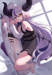 Rule 34 | 1girl, absurdres, ahoge, bare legs, bare shoulders, barefoot, black dress, blush, character pillow, dakimakura (object), demon horns, detached sleeves, dress, full body, grey hair, hair between eyes, higashigure, highres, hololive, horns, la+ darknesss, long hair, looking at viewer, lying, multicolored hair, hugging object, on bed, on side, parted lips, pillow, pillow hug, pointy ears, purple hair, single leg pantyhose, solo, streaked hair, tokoyami towa, very long hair, virtual youtuber, yellow eyes