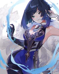 Rule 34 | 1girl, armpits, arms up, black gloves, black hair, blue hair, blush, bodysuit, braid, breasts, cleavage, commentary, cowboy shot, earrings, elbow gloves, fingerless gloves, floral background, genshin impact, gloves, gradient hair, green eyes, half updo, highres, jewelry, kino (m6t2a), looking at viewer, medium breasts, mole, mole on breast, multicolored hair, short hair, sleeveless, solo, tassel, tassel choker, water, white gloves, yelan (genshin impact)