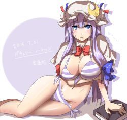 Rule 34 | 1girl, 2015, bikini, blue eyes, book, breasts, capelet, cleavage, crescent, crescent hair ornament, dated, female focus, hair ornament, hat, huge breasts, kinsenka, long hair, mob cap, navel, patchouli knowledge, purple hair, side-tie bikini bottom, simple background, solo, striped bikini, striped clothes, swimsuit, touhou