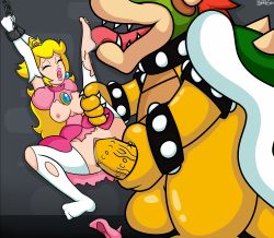 Rule 34 | 1boy, 1girl, barefoot, blonde hair, bowser, bumpy penis, chain, crown, crying, feet, foot lick, forced, gloves, highres, huge penis, huge testicles, hyoreisan, large penis, licking foot, long hair, mario (series), nintendo, official style, penis, princess peach, prisoner, rape, spread legs, super mario bros. 1, testicles, thick lips, toes, torn clothes, torn legwear, uncensored, vaginal
