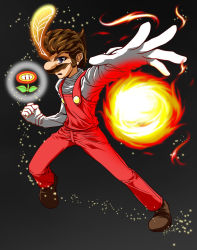 Rule 34 | 1boy, alternate color, black background, blue eyes, boots, brown hair, buttons, facial hair, feathers, fire, fire flower, fire mario, fireball, gloves, glowing, male focus, manly, mario, mario (series), mustache, nintendo, no headwear, overalls, power-up, runner (rannaa), short hair, solo, sparkle, super mario bros. 1, super mario land 2, suspenders