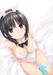 Rule 34 | 1girl, animal ears, aoyama sumika, arm support, bare arms, bare shoulders, bed sheet, black hair, bow, bowtie, box, breasts, brown eyes, rabbit ears, cleavage, closed mouth, coffee-kizoku, commentary request, detached collar, expressionless, fake animal ears, from above, groin, hairband, heart-shaped box, highleg, highleg leotard, highres, large breasts, leotard, looking at viewer, looking up, medium hair, no bra, original, playboy bunny, sitting, solo, strapless, strapless leotard, thighs, white leotard