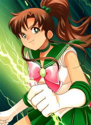 Rule 34 | 1990s (style), 1girl, bishoujo senshi sailor moon, bow, brown hair, choker, darax, elbow gloves, electricity, female focus, gloves, green background, green eyes, green skirt, hair bobbles, hair ornament, kino makoto, leotard, long hair, magical girl, miniskirt, pink bow, ponytail, retro artstyle, sailor collar, sailor jupiter, skirt, solo, white gloves