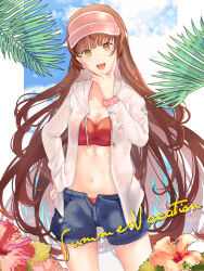 Rule 34 | 1girl, bikini, bikini under clothes, blue shorts, blunt bangs, breasts, brown hair, cowboy shot, green eyes, hat, helena (kancolle), highres, hood, hood down, hooded jacket, jacket, kantai collection, kouga (mutsumi), long hair, looking at viewer, official alternate costume, open clothes, open fly, open mouth, pink hat, red bikini, scrunchie, shorts, small breasts, solo, swimsuit, visor cap, white jacket