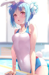 Rule 34 | 1girl, animal ear fluff, animal ears, bare arms, bare shoulders, blue hair, blurry, blurry background, blush, braid, braided bun, breasts, competition swimsuit, double bun, extra ears, hair bun, highres, hololive, looking at viewer, multicolored hair, nira (vira), one-piece swimsuit, open mouth, pool, rabbit ears, rabbit girl, rabbit tail, red eyes, revision, sidelocks, small breasts, solo, streaked hair, swimsuit, tail, thick eyebrows, usada pekora, virtual youtuber, wet, wet clothes, wet swimsuit, white hair, white one-piece swimsuit