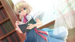 Rule 34 | 1girl, alice margatroid, blonde hair, blue eyes, book, capelet, curtains, dress, hairband, short hair, solo, takatsukasa yue, touhou, window