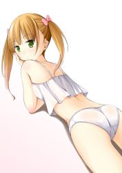 Rule 34 | 1girl, ass, bare shoulders, breasts, brown hair, cameltoe, camisole, cowboy shot, from behind, green eyes, long hair, looking back, lying, on stomach, original, panties, ribbon, shibacha (shibacha 0728), simple background, sleeveless, small breasts, solo, trefoil, twintails, underwear, underwear only, white panties