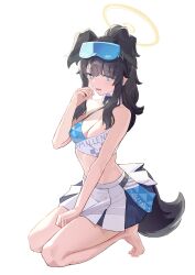 Rule 34 | 1girl, absurdres, animal ears, bare arms, bare legs, bare shoulders, barefoot, black hair, blue archive, blue eyes, blush, breasts, cheerleader, dog ears, dog girl, dog tail, eyewear on head, goggles, goggles on head, halo, hibiki (blue archive), hibiki (cheer squad) (blue archive), highres, kneeling, long hair, looking at viewer, medium breasts, millennium cheerleader outfit (blue archive), official alternate costume, open mouth, simple background, skirt, star sticker, sticker on arm, sticker on face, tail, text print, white background, white skirt, yellow halo, yu yu ren sanjin