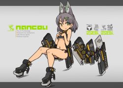 Rule 34 | 1girl, animal ear fluff, animal ears, bikini, bikini bottom only, breasts, collar, crop top, earrings, english text, green eyes, grey background, grey hair, hair ornament, hairclip, high heels, invisible chair, jewelry, looking at viewer, lying, nancou (nankou), original, own hands clasped, own hands together, short hair, side-tie bikini bottom, sitting, small breasts, smile, solo, swimsuit, two-tone background, underboob