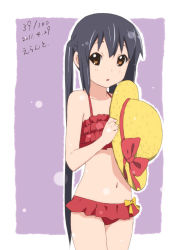 Rule 34 | 1girl, 2011, black hair, brown eyes, dated, errant, hat, holding, holding clothes, holding hat, k-on!, long hair, nakano azusa, solo, swimsuit, twintails, unworn hat, unworn headwear