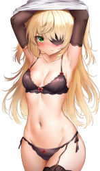 Rule 34 | 1girl, absurdres, armpits, arms up, bare shoulders, black bra, black panties, blonde hair, bra, breasts, brown gloves, closed mouth, collarbone, cowboy shot, elbow gloves, eyepatch, fischl (genshin impact), frown, garter straps, genshin impact, gloves, green eyes, groin, hair over one eye, highres, long hair, looking at viewer, medium breasts, navel, panties, shirt, side-tie panties, simple background, single thighhigh, solo, stomach, string bra, string panties, sunhyun, thighhighs, thighs, two side up, underwear, underwear only, undressing, v-shaped eyebrows, white background, white shirt