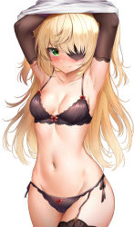 1girl absurdres armpits arms_up bare_shoulders black_bra black_panties blonde_hair bra breasts brown_gloves closed_mouth collarbone cowboy_shot elbow_gloves eyepatch fischl_(genshin_impact) frown garter_straps genshin_impact gloves green_eyes groin hair_over_one_eye highres long_hair looking_at_viewer medium_breasts navel panties shirt side-tie_panties simple_background single_thighhigh solo stomach string_bra string_panties sunhyun thighhighs thighs two_side_up underwear underwear_only undressing v-shaped_eyebrows white_background white_shirt