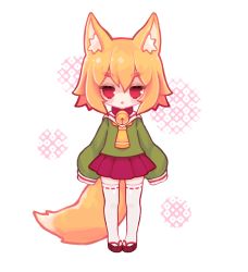 Rule 34 | 1girl, :o, akane stradanya, animal ear fluff, animal ears, animated, animated gif, bell, blonde hair, blouse, borrowed character, brown footwear, collar, commentary, fox ears, fox girl, fox tail, full body, green shirt, hair between eyes, jingle bell, kemomimi-chan (naga u), long sleeves, looking at viewer, neck bell, original, parted lips, pleated skirt, red collar, red eyes, red skirt, ribbon-trimmed legwear, ribbon trim, sandals, shirt, short eyebrows, skirt, sleeves past fingers, sleeves past wrists, solo, standing, straight-on, tail, thick eyebrows, thighhighs, white background, white thighhighs, zouri