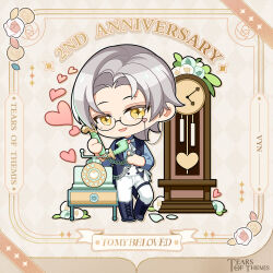 Rule 34 | + +, 1boy, :d, anniversary, antique phone, black-framed eyewear, black footwear, black vest, blue flower, blue rose, blue shirt, boots, brown background, character name, chibi, clock, copyright name, corded phone, cross-laced footwear, flower, full body, glasses, grandfather clock, grey hair, heart, holding, holding phone, lace-up boots, male focus, mole, mole under eye, official art, open clothes, open mouth, open vest, pants, parted bangs, phone, rose, rotary phone, semi-rimless eyewear, shirt, simple background, smile, solo, tears of themis, under-rim eyewear, vest, vyn richter (tears of themis), white flower, white pants, white rose, yellow eyes