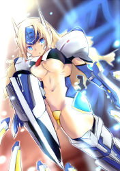 Rule 34 | 1girl, arc system works, blazblue, blonde hair, blue eyes, breasts, crotch plate, female focus, kumimin, large breasts, long hair, maebari, mecha musume, midriff, min mechanism, mu-12, necktie, revealing clothes, shoulder pads, solo, strapless bottom, thighhighs, tiara, underboob