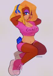 Rule 34 | 1girl, ape, artist name, belt, blonde hair, blue eyes, breasts, brown belt, candy kong, character name, cleavage, clothes writing, crop top, donkey kong (series), donkey kong 64, eyelashes, eyeshadow, full body, furry, furry female, grey background, half-closed eye, hand up, hands on headphones, head tilt, headphones, highres, jewelry, large breasts, lips, lipstick, looking at viewer, makeup, medium hair, midriff, navel, necklace, nintendo, nostrils, one eye closed, parted lips, pink footwear, pink shorts, pink tank top, platform footwear, purple eyeshadow, red lips, shoelaces, shoes, short sleeves, shorts, simple background, sitting, sneakers, solo, spudenski, tank top, walkman, white footwear