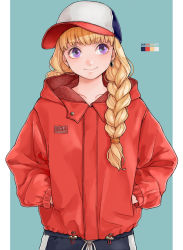 Rule 34 | 1girl, aqua background, bad id, bad pixiv id, baseball cap, blonde hair, blunt bangs, braid, clothes writing, color guide, contemporary, cowboy shot, dragon quest, dragon quest xi, earrings, facing viewer, hair over shoulder, hands in pockets, hat, head tilt, hood, hood down, hooded jacket, jacket, jewelry, long hair, long sleeves, looking away, mahoshiki, pants, purple eyes, red jacket, sideways glance, simple background, single earring, smile, solo, track pants, twin braids, veronica (dq11)