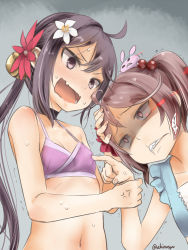 Rule 34 | 1other, 2girls, akebono (kancolle), akino shuu, animal, bell, bikini, blush, clenched teeth, collarbone, flower, hair bell, hair between eyes, hair bobbles, hair flower, hair ornament, jingle bell, kantai collection, long hair, multiple girls, navel, open mouth, pet, pink eyes, pink flower, pink hair, purple bikini, purple eyes, purple hair, rabbit, sazanami (kancolle), shaded face, short hair, side ponytail, swimsuit, teeth, twintails, twitter username, upper body, white flower