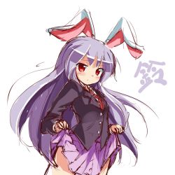 Rule 34 | 1girl, animal ears, black jacket, blazer, blouse, buttons, clothes lift, collared shirt, cowboy shot, jacket, long hair, long sleeves, necktie, pleated skirt, purple hair, purple skirt, rabbit ears, red eyes, red necktie, reisen udongein inaba, ryogo, shirt, simple background, skirt, skirt lift, solo, text focus, touhou, translation request, white background, white shirt