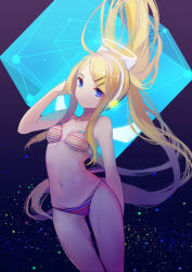 Rule 34 | 00s, 1girl, aged up, alternate costume, alternate hair length, alternate hairstyle, angel, angel wings, arm at side, bikini, blonde hair, blue eyes, bow, breasts, closed mouth, cowboy shot, cube, eyelashes, floating hair, glowing, groin, hair bow, hair ornament, hairclip, halo, hand up, headphones, highres, kagamine rin, light particles, long hair, looking at viewer, medium breasts, multi-strapped bikini bottom, multi-strapped bikini top, navel, ponytail, sidelocks, solo, stomach, string bikini, striped bikini, striped clothes, swimsuit, sylvia (huajiuhuajiu), thigh gap, very long hair, vocaloid, white bow, white wings, wings