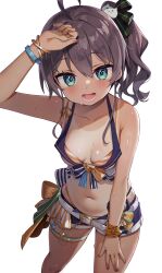 Rule 34 | 1girl, :d, absurdres, ahoge, aqua eyes, ayaoshiro, bikini, black ribbon, bracelet, breasts, collarbone, fingernails, hair ribbon, hand on own thigh, hand up, highres, hololive, jewelry, looking at viewer, medium breasts, nail polish, natsuiro matsuri, navel, open mouth, ribbon, side ponytail, simple background, smile, standing, striped bikini, striped clothes, striped ribbon, sweat, swimsuit, tan, tanline, teeth, virtual youtuber, white background